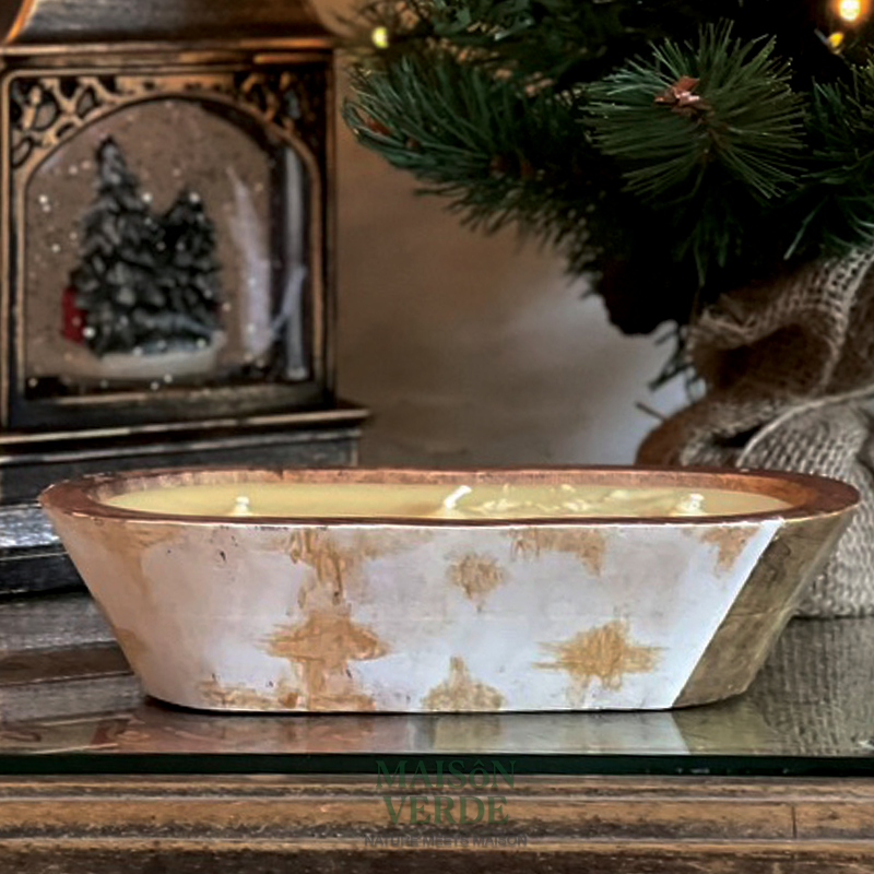 Hand-Painted Wooden Tub Candle • Rustic White & Gold