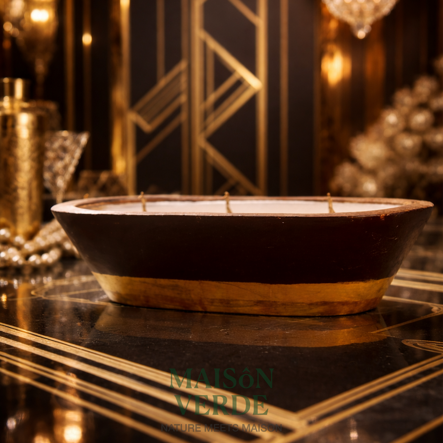 Hand-Painted Wooden Tub Candle • Gold Base