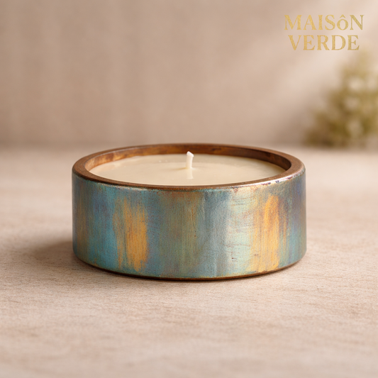 Hand-Painted Wooden Bowl (small) Candle • Distressed Aqua Gold • Maison Verde