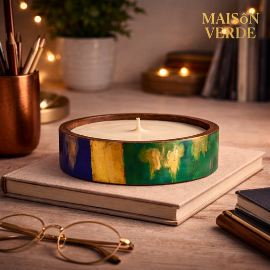 Hand-Painted Wooden Bowl (medium) Candle • Blue Green Gold Distressed • Maison Verde