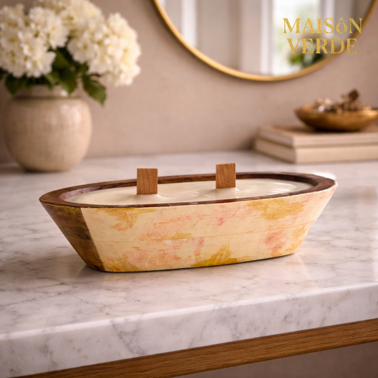 Hand-Painted Wooden Tub Candle • Rustic White & Gold