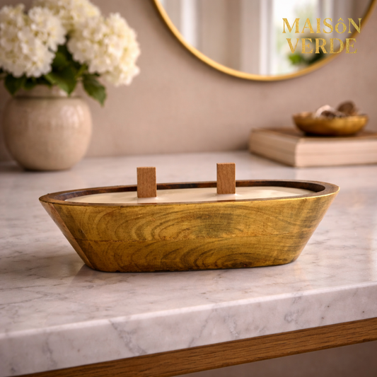 Hand-Painted Wooden Tub Candle • Rustic White & Gold